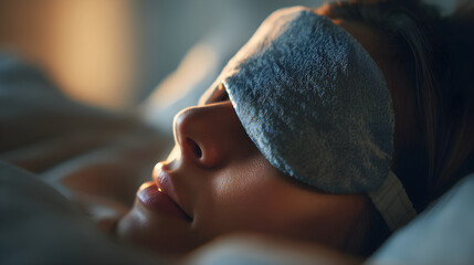 Woman resting peacefully in bed wearing a soft sleep mask, surrounded by cozy bedding and warm light