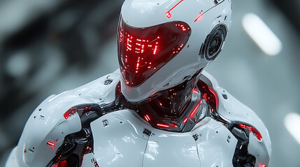 High-angle shot of floating futuristic armor with emergency interface open bright lighting white space 
