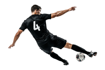 Male Soccer Player Volleying the Ball Mid-Air in Black Uniform
