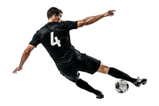 Male Soccer Player Volleying the Ball Mid-Air in Black Uniform