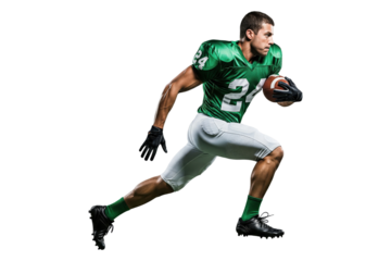 Male American Football Player Running with the Ball in Green Uniform