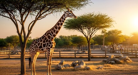 Giraffe grazing under the trees in natural habitat at sunset landscape