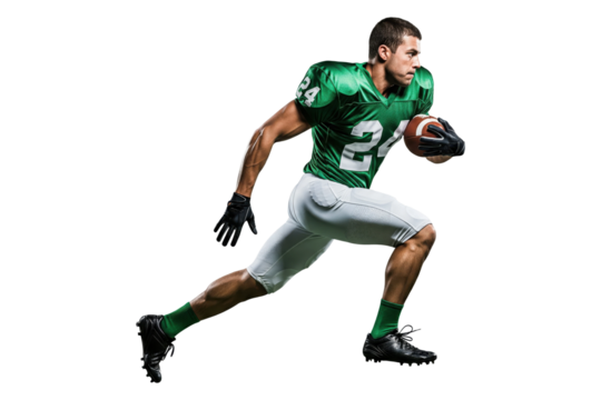 Male American Football Player Running with the Ball in Green Uniform