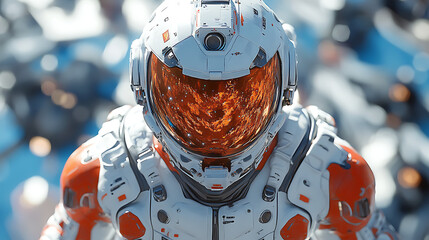 Focus close-up of advanced disaster suit levitating with emergency modules exposed detailed textures cinematic composition 