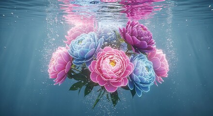 Submerged floral arrangement of peonies creating an ethereal underwater bloomscape featuring vibrant colors and
