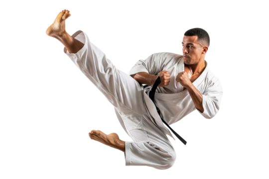 Male Martial Arts Athlete Performing a High Flying Kick