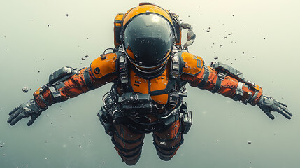 Floating full-body survival outfit with reinforced ribs and energy shield nodes suspended clean studio background 