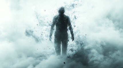 Floating full-body suit surrounded by swirling digital debris symbolizing catastrophe survival sharp focus white background 
