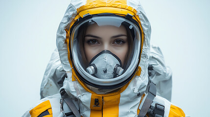 Floating disaster suit equipped with anti-toxic layers and air filter modules against a bright white scene 