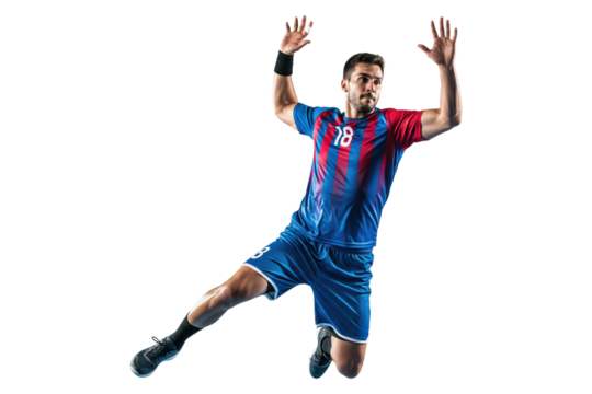 Male Handball Player Jumping with Arms Raised in Attack or Defense
