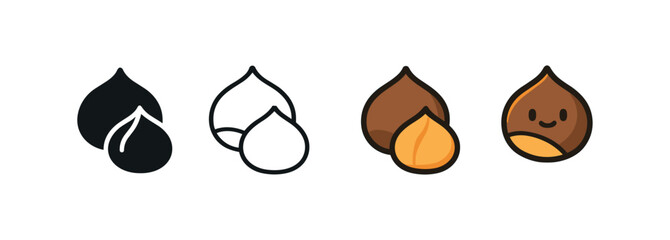 Vector icon roasted chestnuts same pose same proportions four styles black solid glyph outline minimal flat multicolor filled cartoon flat shaded.