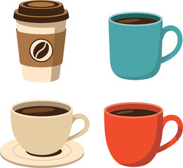 Four different coffee cups and mugs with hot beverages drink