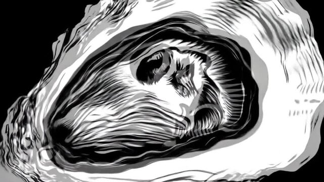 Detailed white oyster shell drawing on black background for design