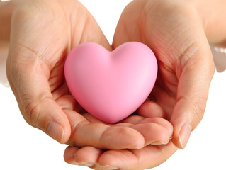 Obraz premium Human hands gently holding a soft pink heart symbolizing love, care, health, and compassion isolated on a white background