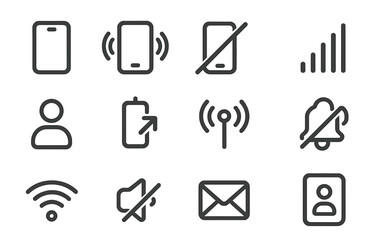 Icons representing mobile phone features and notifications in a minimalistic style in a tech layout