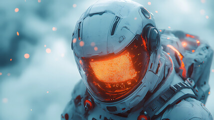 Cinematic frame of high-detail floating exosuit equipped with survival HUD interface glowing under white light 