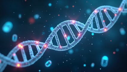 Digital visualization of DNA double helix with glowing genetic markers on a blue science background