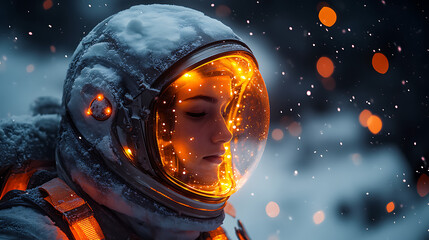 Brightly lit floating survival gear suit designed for harsh environments with glowing elements and damage-proof surface 