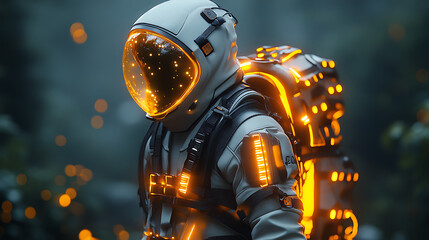 Brightly lit floating survival gear suit designed for harsh environments with glowing elements and damage-proof surface 