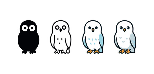 Vector icon snowy owl same pose same proportions four styles black solid glyph outline minimal flat multicolor filled cartoon flat shaded.