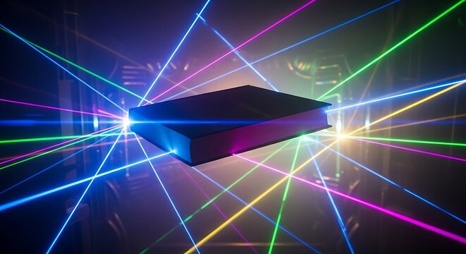 Enigmatic tome bathed in vibrant neon laser beams creating a futuristic ambiance