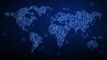 Binary Code World Map Animation with digital global network data visualization, futuristic technology, abstract blue connectivity, and motion graphics, ideal for cyber, AI, and international tech  - Powered by Adobe