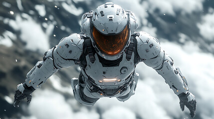 Bright 8K photo of floating combat-ready suit with minimal background highlighting armor’s texture and design 