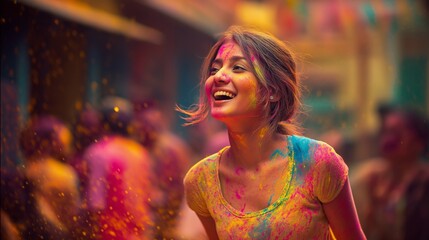 A vibrant, candid shot of an Indian woman laughing and smiling, covered in bright, multi-colored Holi festival powder. She is celebrating in a blurred, crowded street scene