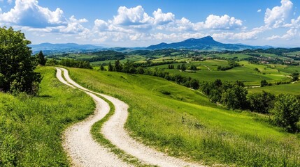 Obraz premium Winding dirt road through lush green hills under a clear sky.