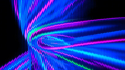 Abstract Neon Light Trails with Geometric Tile Pattern on Black Background