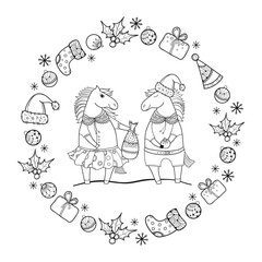 Greeting card with outline two cute horses and New Year symbols in black isolated on white background. 