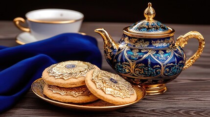 Ornate blue and gold teapot and cookies on a dark wooden surface.