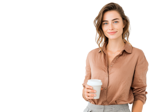 Professional Woman Holding Coffee Cup in Smart Casual Attire, Transparent Background PNG