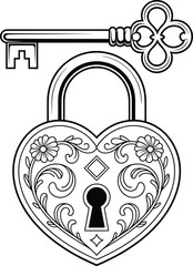 Ornate Heart Shaped Lock and Key Vintage Line Art Keywords: ornate, heart, shaped, lock, key