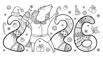 Composition with outline cute horse and New Year symbols in black isolated on white background.