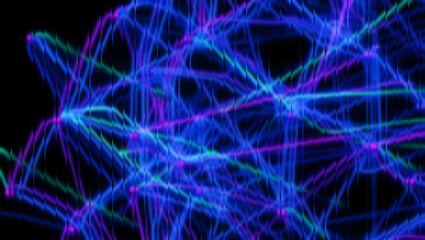 Abstract Neon Light Trails Behind a Vertical Grid on Black Background