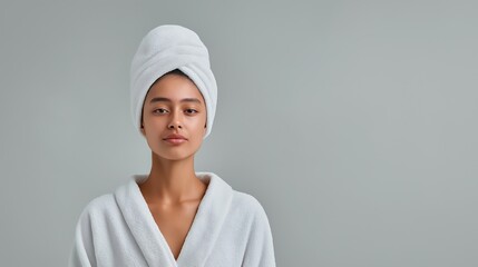 Minimalist portrait of a calm young woman in a white robe and head towel with under-eye patches on, looking directly at the camera against a gray background
