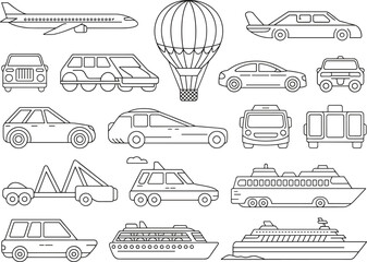 Outline icons of various vehicles and modes of transportation airplane hot air balloon