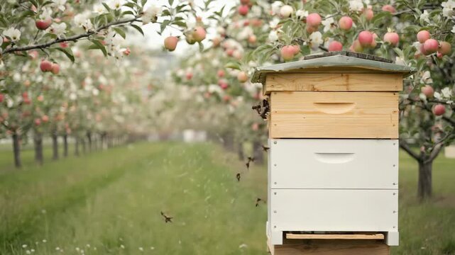 Honey bees flying around a wooden beehive located in a lush green apple orchard during the spring bloom.
