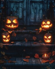 Halloween Pumpkins with Glowing Faces on Wooden Steps - Spooky Night Stock Photo