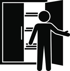 Person standing in open doorway of a closet with shelves vector illustration