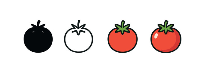 Vector icon tomato same pose same proportions four styles black solid glyph outline minimal flat multicolor filled cartoon flat shaded.