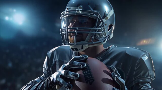 A quarterback stands poised with a football, preparing to make a pass. Bright floodlights illuminate the stadium, showcasing the intensity of the game. Helmet gleams under the lights