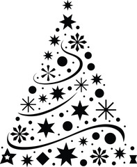 Stylized black Christmas tree silhouette filled with festive ornaments holiday celebration