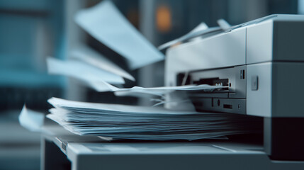 Printer ejecting sheets of paper in modern office.