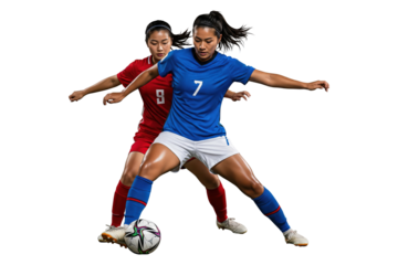 Two female soccer players competing for possession of the ball