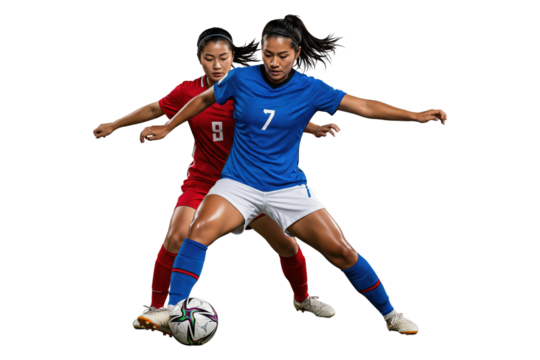 Two female soccer players competing for possession of the ball