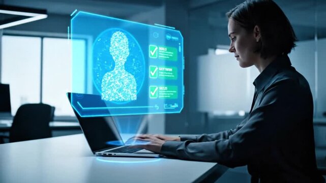 Businesswoman using laptop with holographic digital identity verification system and profile authentication icons 
