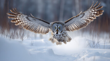 Majestic owl in flight over snowy landscape showcasing its impressive wingspan and keen gaze