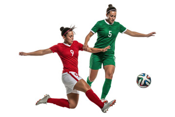 Female soccer players in a mid-air challenge for the ball during a game